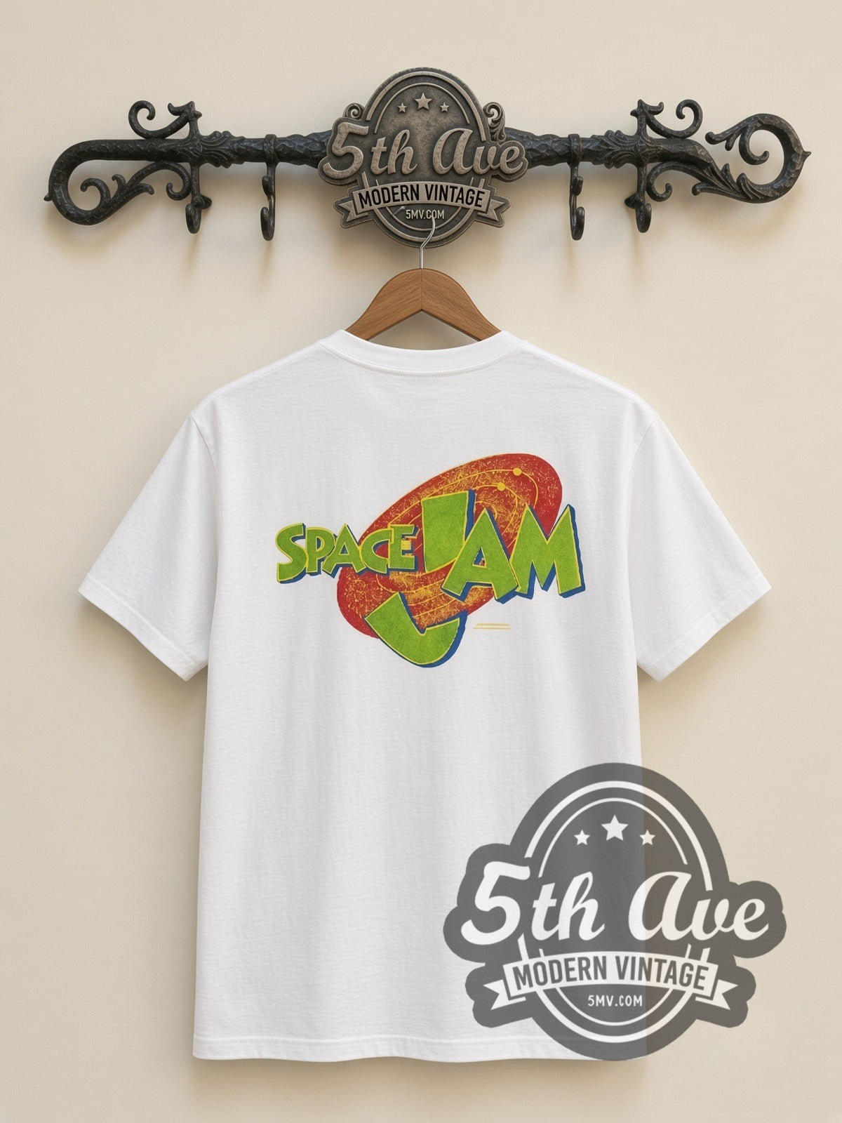 Space Jam Taz & Monstar all-over-print vintage cartoon t-shirt in white, back view on a display rack