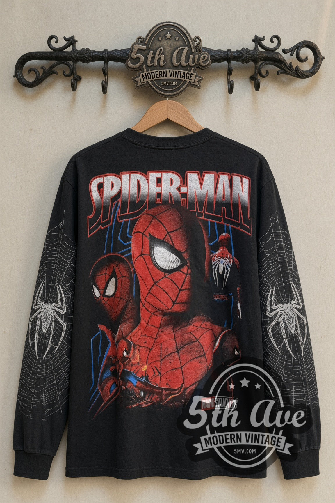 Back print of Spider-Man Face Collage & Web Sleeves vintage movie long sleeve tee on 5th Ave rack