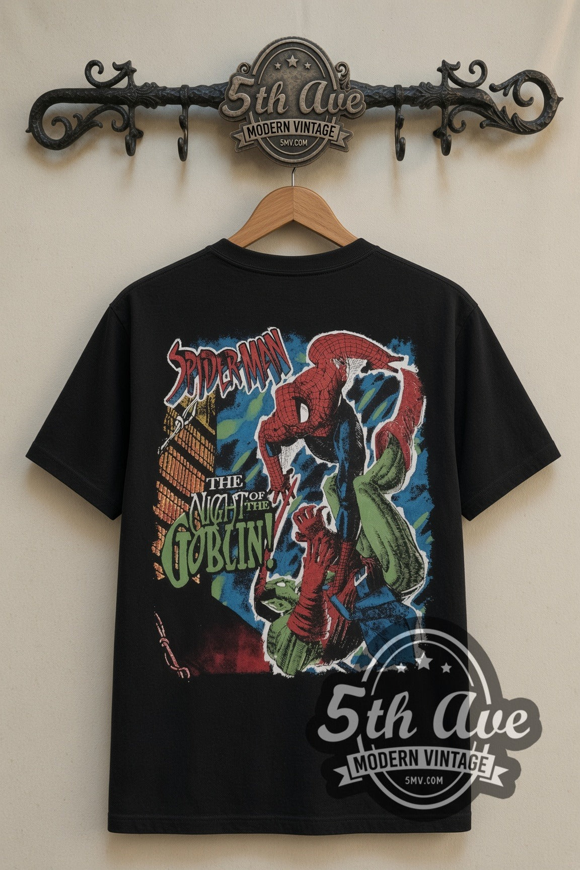 Spider-Man Night of the Goblin vintage graphic tee on the 5MV rack – back print, Spidey vs Green Goblin