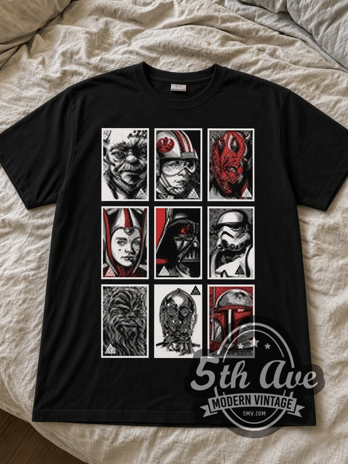 Star Wars Character Portrait Grid black graphic tee laid flat on linen bed