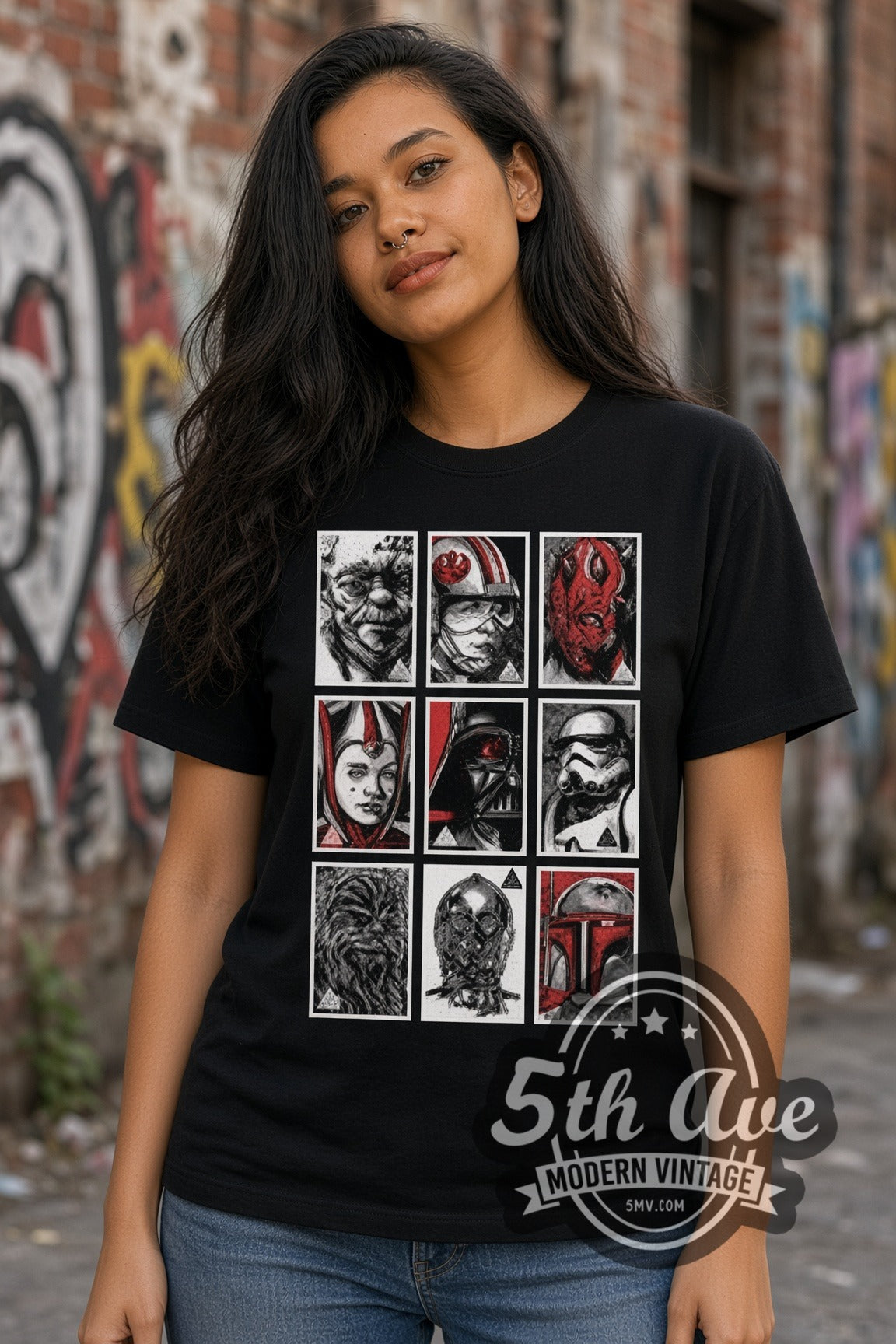 Woman wearing Star Wars Character Portrait Grid double stitched black graphic tee
