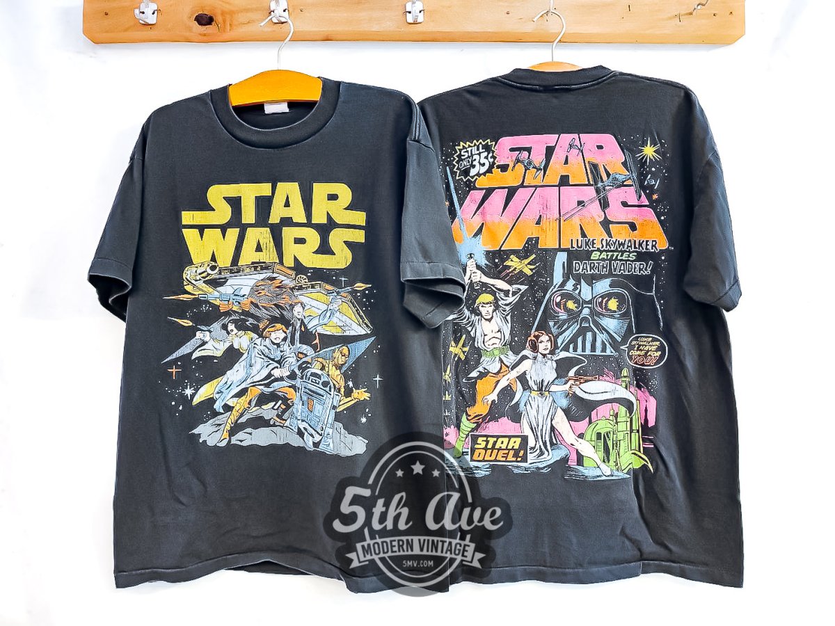 Star Wars 'Luke Skywalker' battles 'Darth Vader' - Vintage Reprint Movie T-Shirt - Vintage Band Shirts