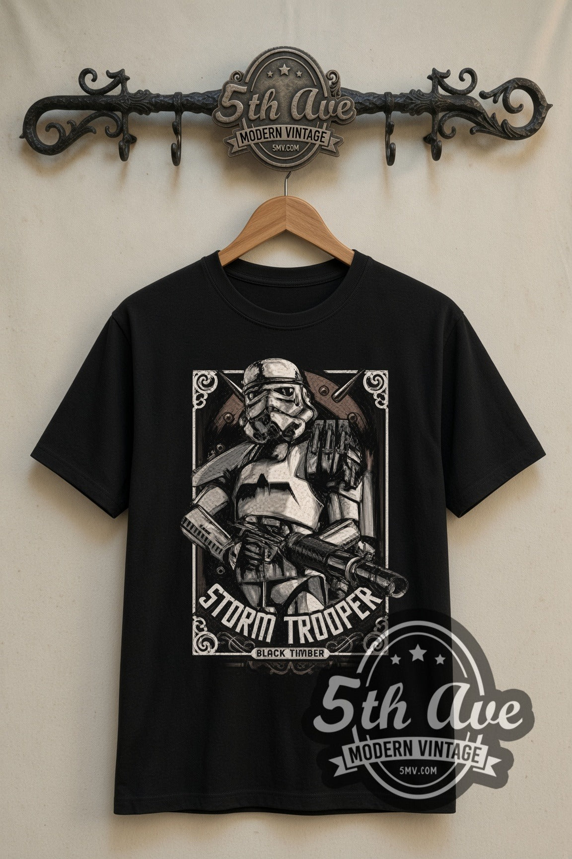 Star Wars Stormtrooper Frame double stitched black tee front on dark iron 5th Ave rack
