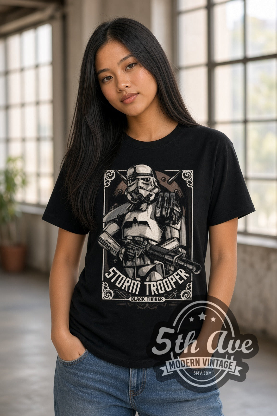 Woman wearing Star Wars Stormtrooper Frame double stitched black graphic tee