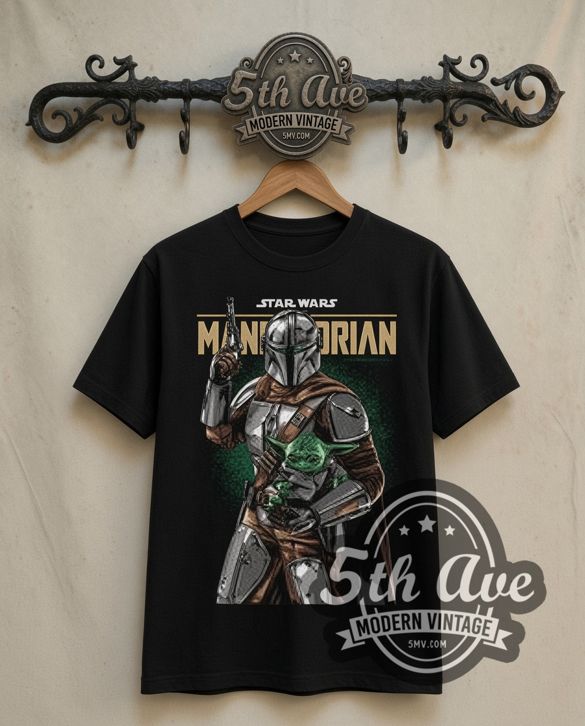 Star Wars The Mandalorian with Grogu double stitched black tee front on dark iron 5th Ave rack