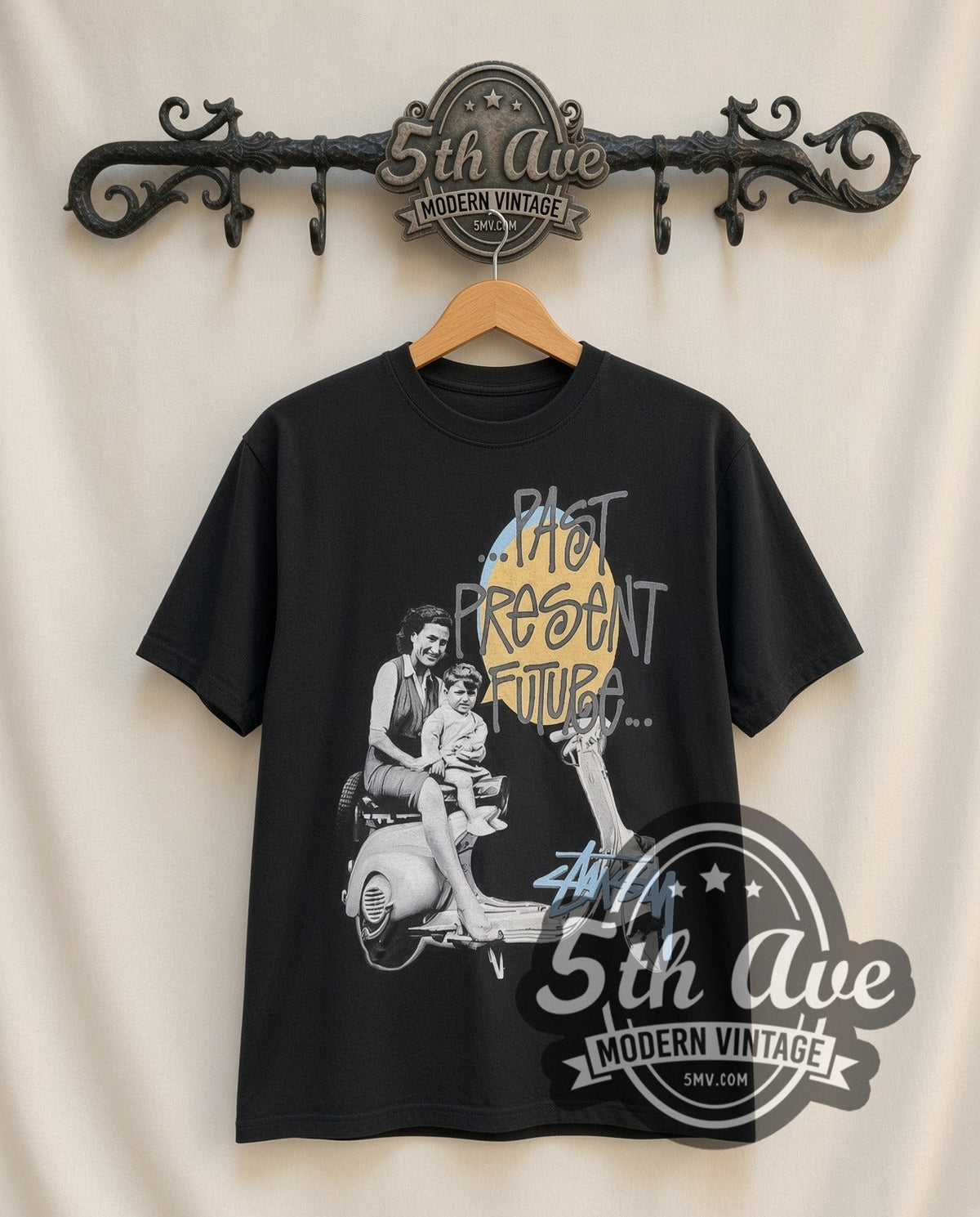 Stussy Past Present Future vintage graphic tee in black, front view on the 5MV rack