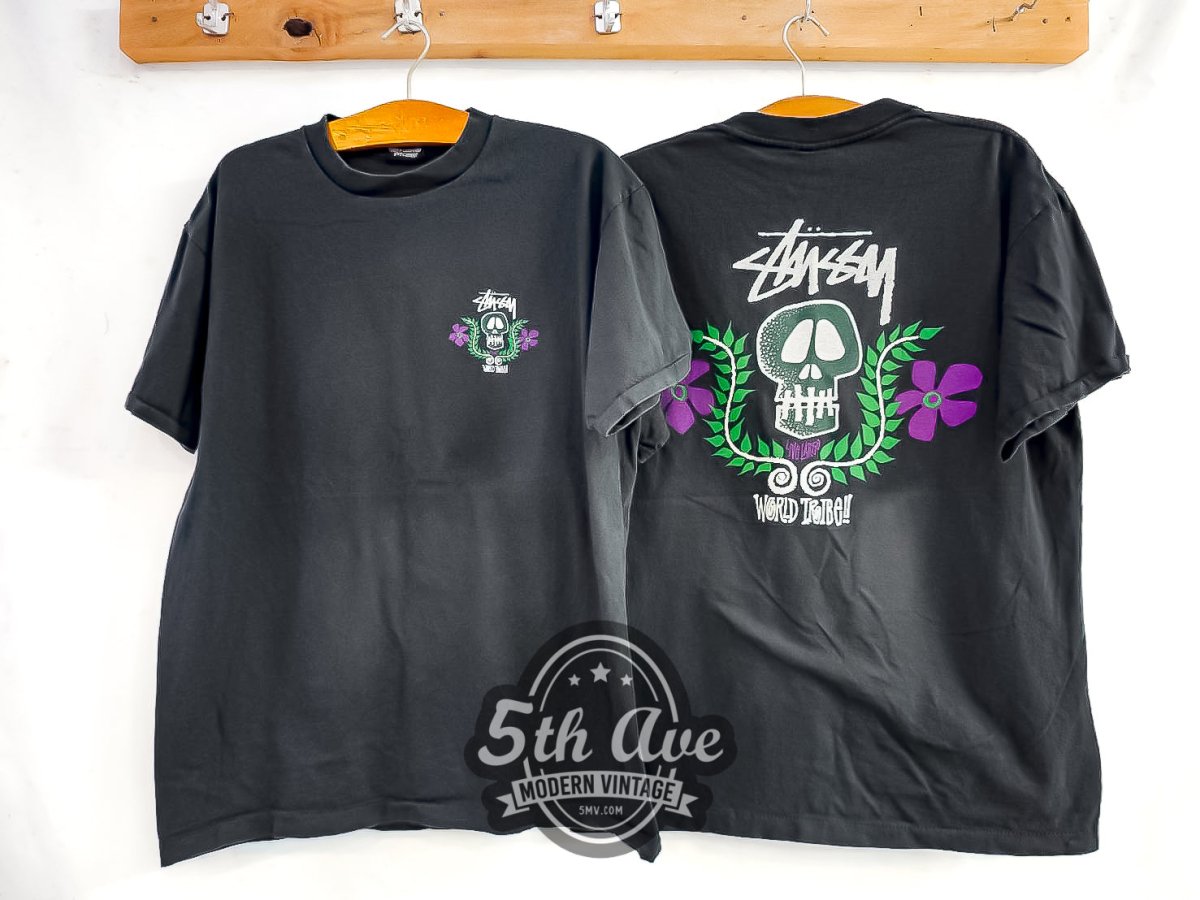 Stüssy 'World Tribe' Skull Crest - Vintage Reprint T-Shirt - Vintage Band Shirts