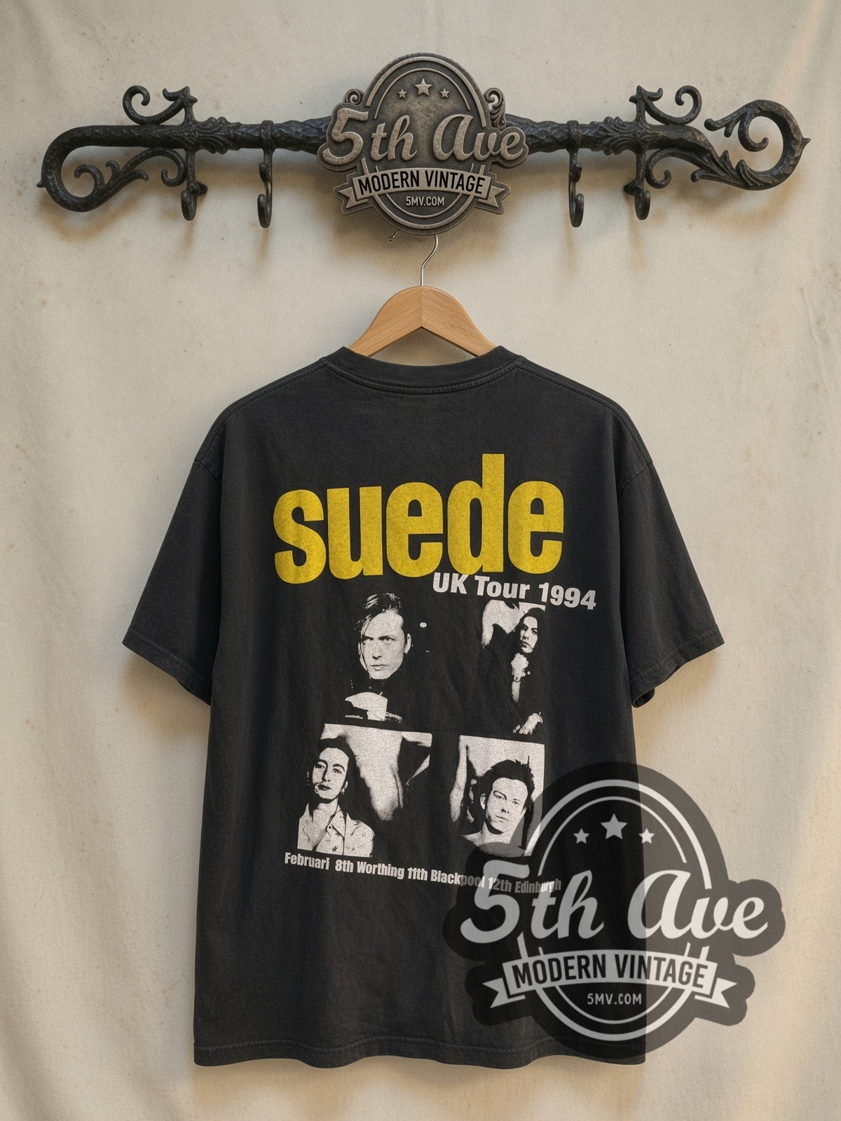 Suede UK Tour 1994 Kiss Photo vintage band t-shirt, back view on a display rack