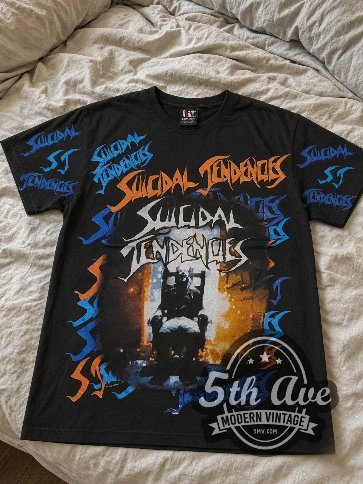 Suicidal Tendencies Logos Skeleton V2 all-over-print vintage band tee laid flat