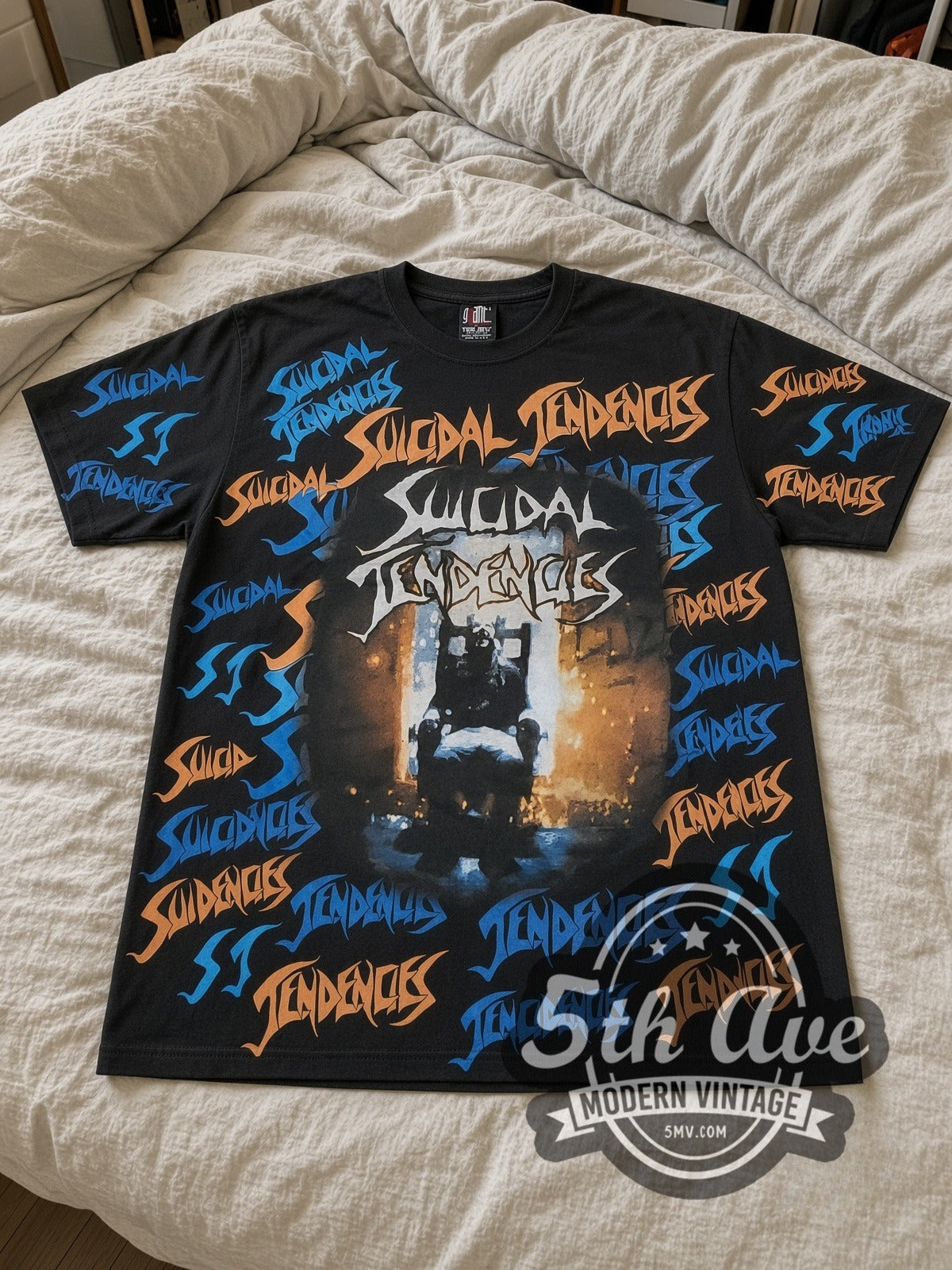 Suicidal Tendencies Logos Skeleton all-over-print vintage band tee laid flat