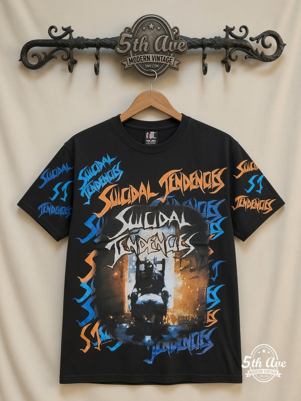 Suicidal Tendencies Logos Skeleton all over print vintage band t-shirt front on cream 5th Ave rack