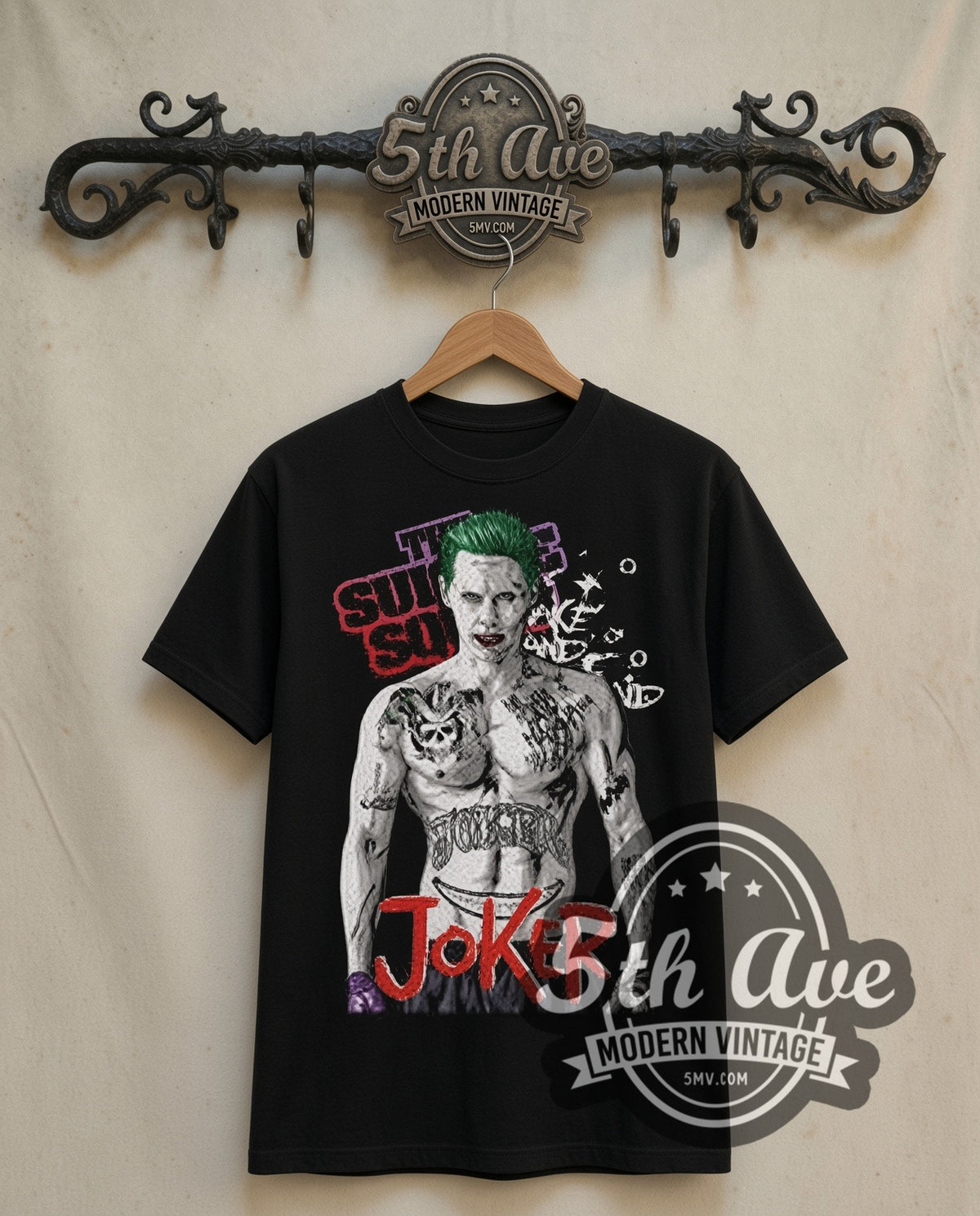 Suicide Squad Jared Leto Joker Tattooed double stitched black tee front on dark iron 5th Ave rack