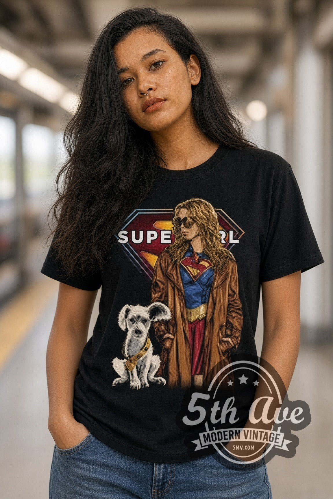 Woman wearing Supergirl Woman of Tomorrow Supergirl with Krypto double stitched black graphic tee