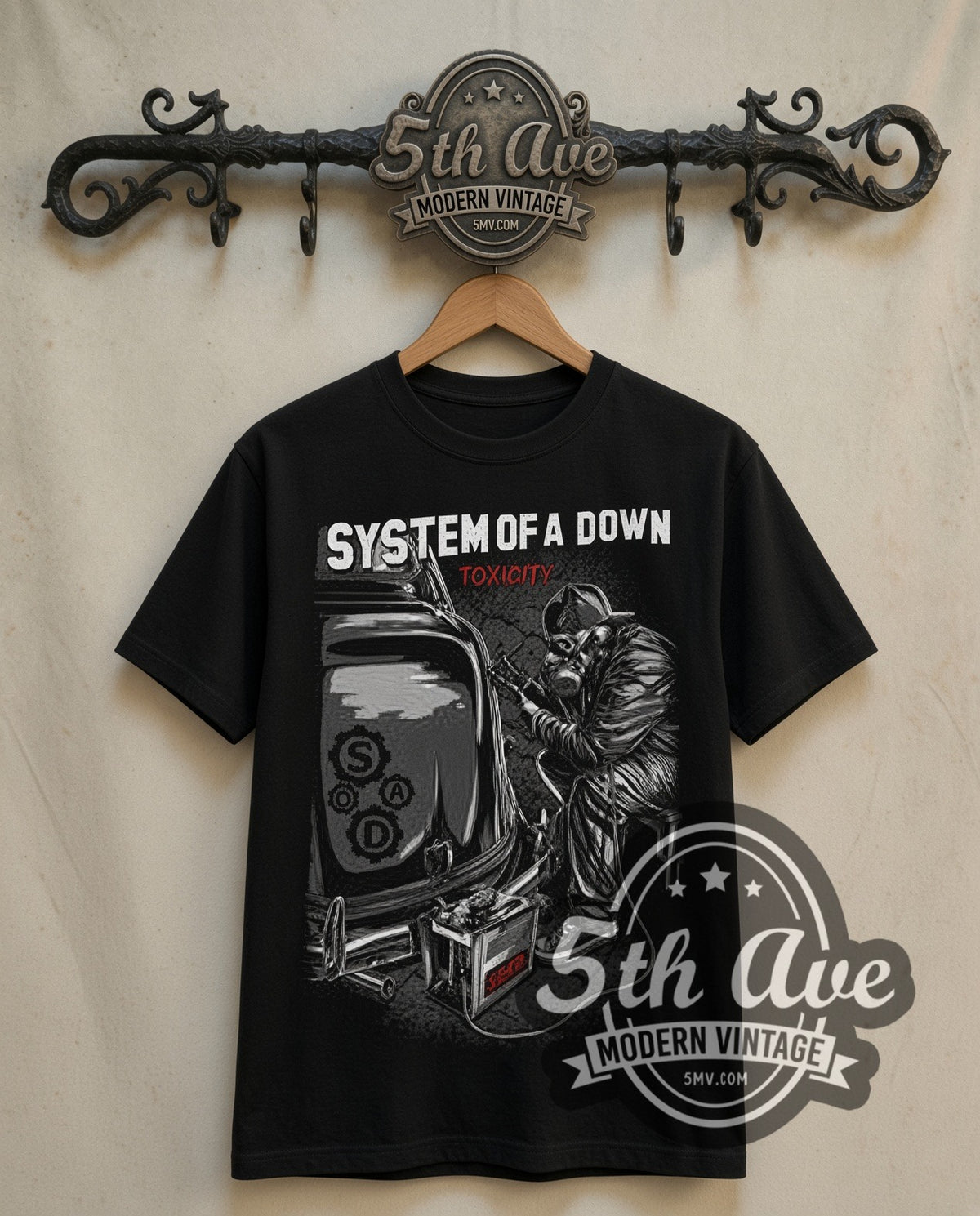 System of a Down Toxicity Mechanic with Car Battery double stitched black tee front on dark iron 5th Ave rack