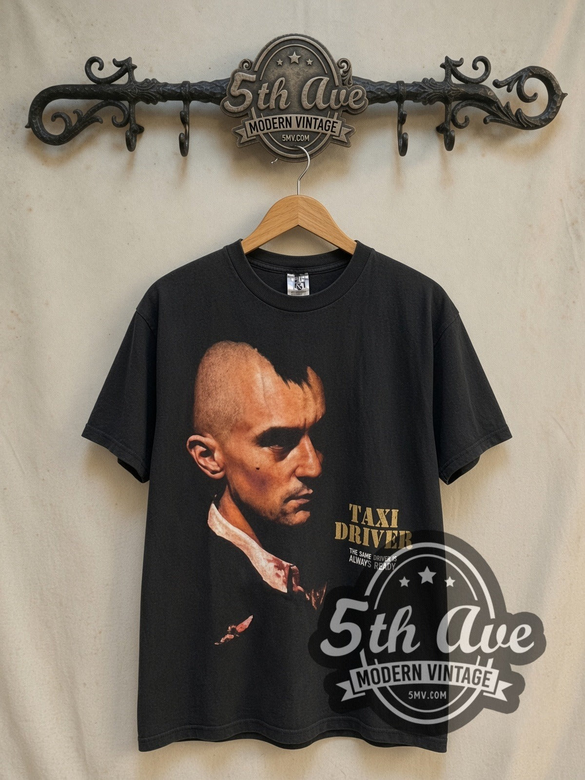 Taxi Driver You Talkin' To Me? Mohawk vintage movie t-shirt, front view on a display rack