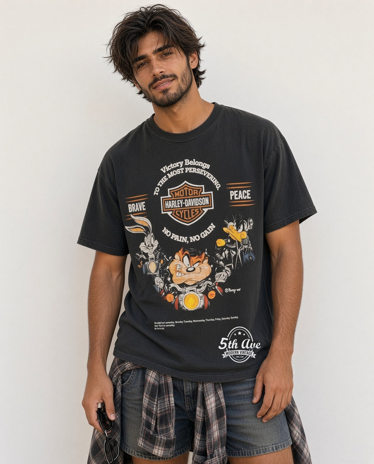 Model wearing Taz & Bugs Harley-Davidson Victory Belongs To The Most Persevering t-shirt
