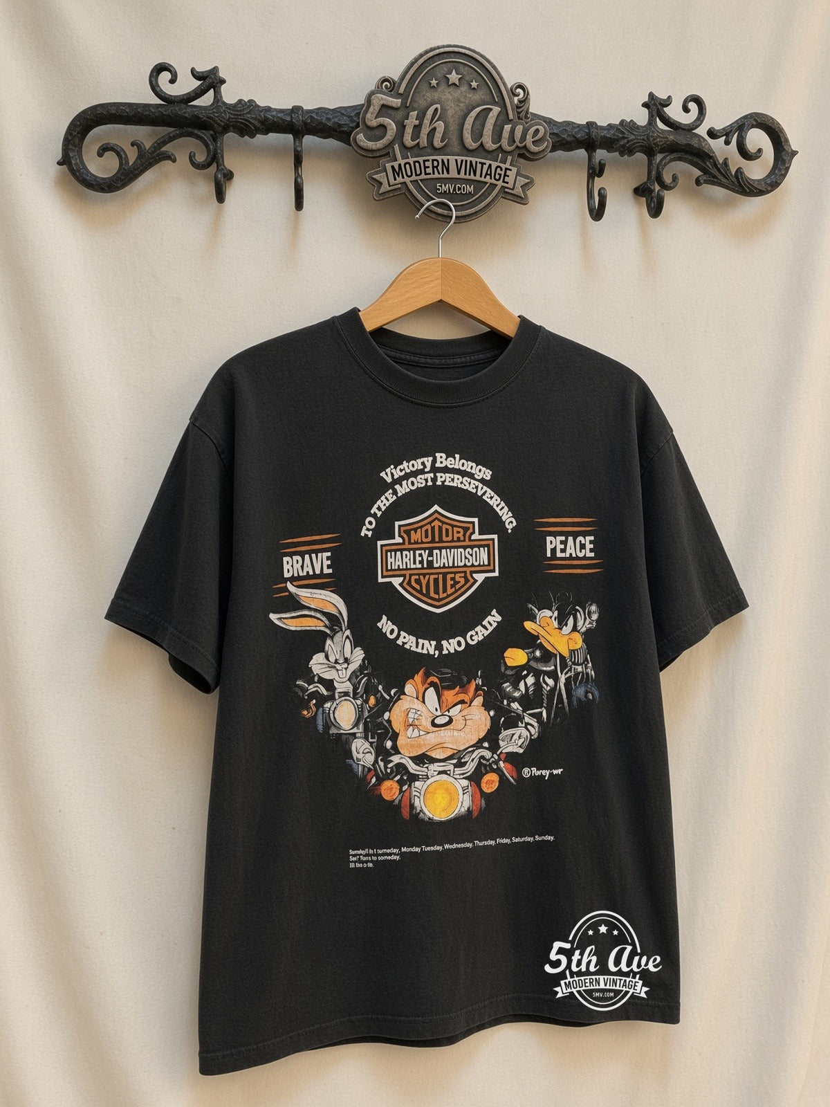 Taz & Bugs Harley-Davidson No Pain, No Gain Legendary Bugs graphic tee, front view on a display rack