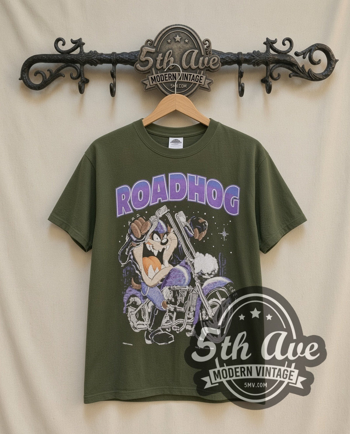 Taz Roadhog Harley Davidson graphic tee, front view on a display rack