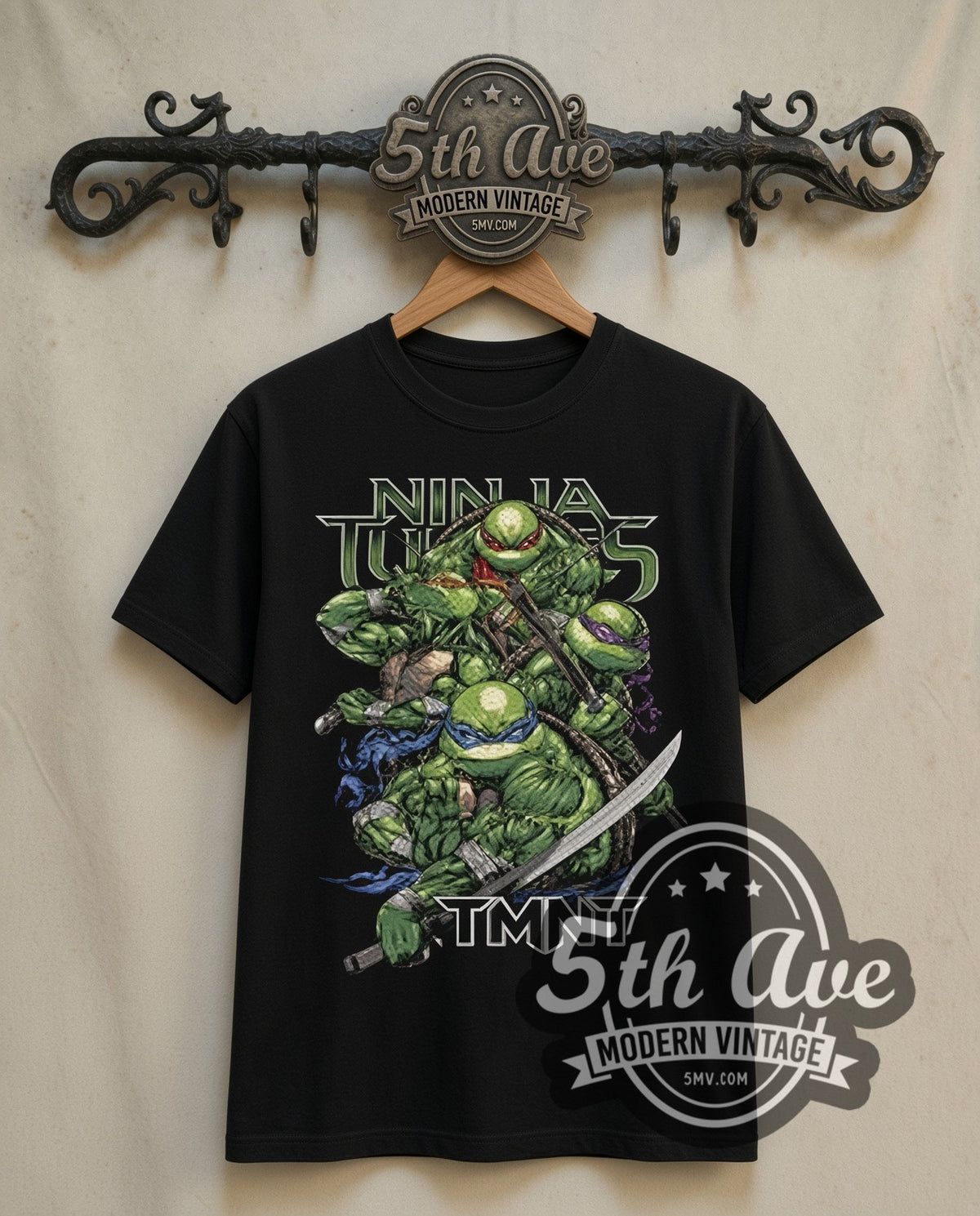 Teenage Mutant Ninja Turtles Four Turtles double stitched black tee front on dark iron 5th Ave rack