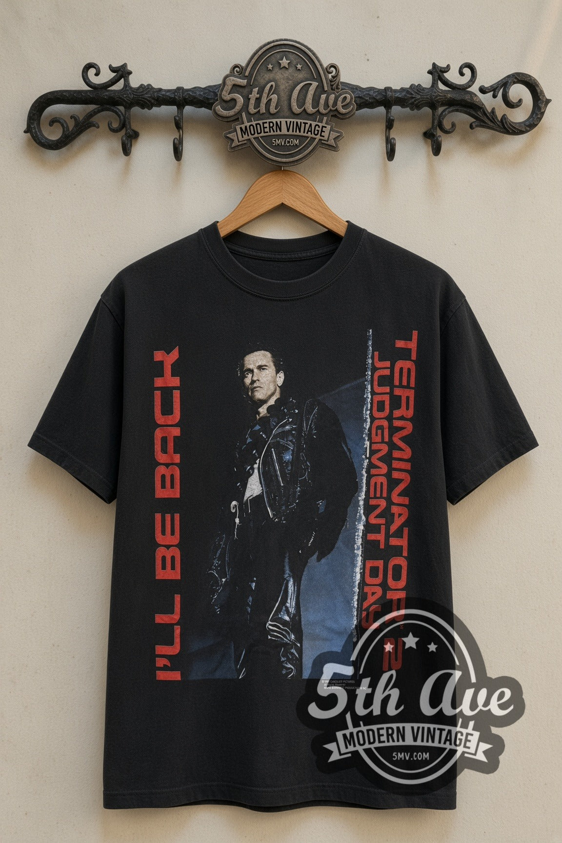 Terminator 2: Judgment Day I'll Be Back & T2 Motorcycle movie tee front on 5th Ave iron rack