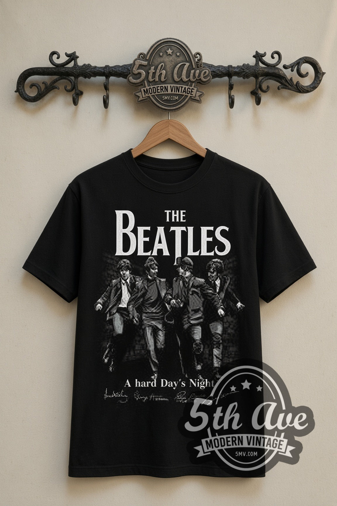 The Beatles A Hard Day's Night Walking double stitched black tee front on dark iron 5th Ave rack