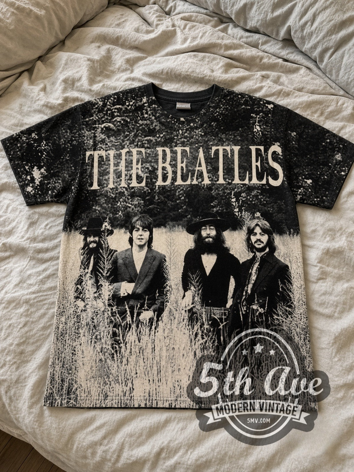 The Beatles Field Photo Black all-over-print vintage band tee laid flat