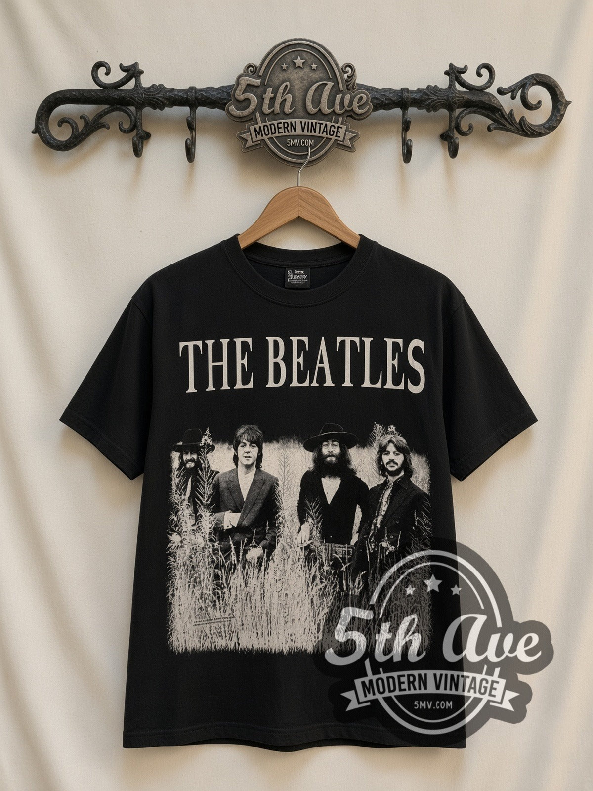 The Beatles Field Photo all-over-print vintage band t-shirt in black, front view on the 5MV rack
