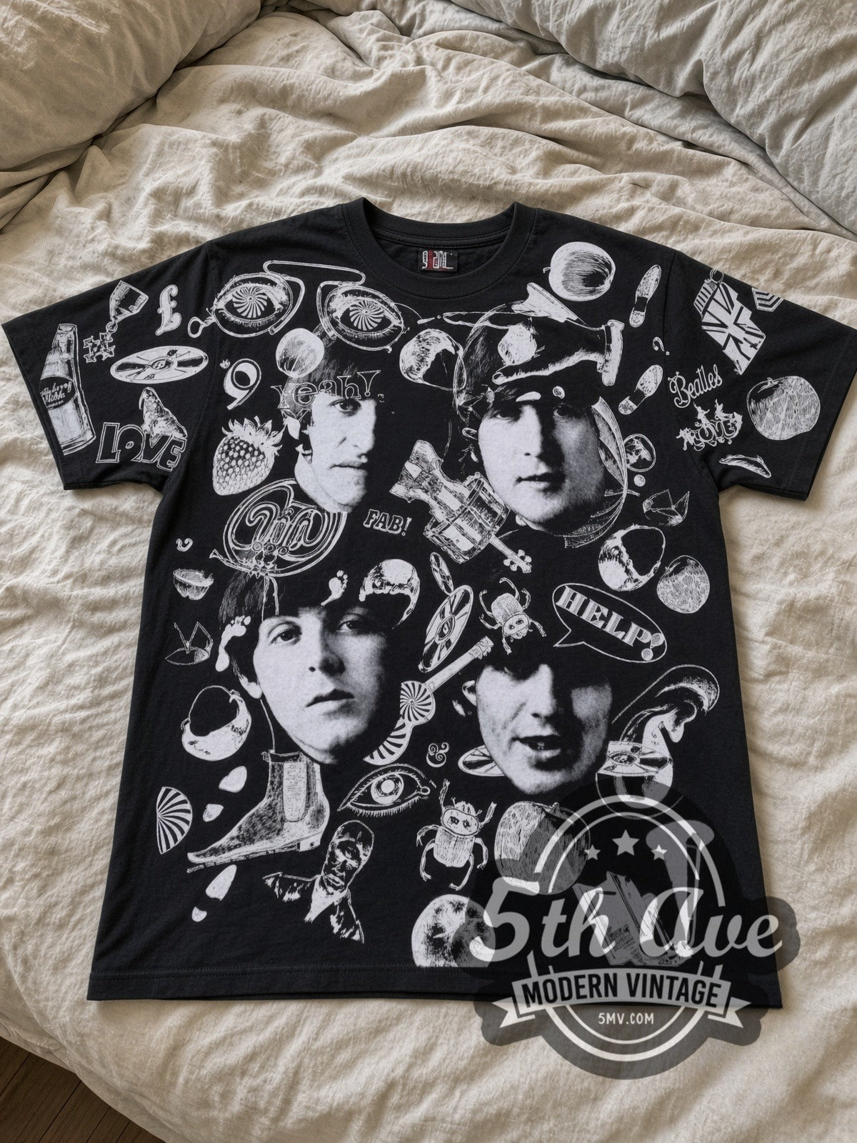 The Beatles Help Collage all-over-print vintage band tee laid flat