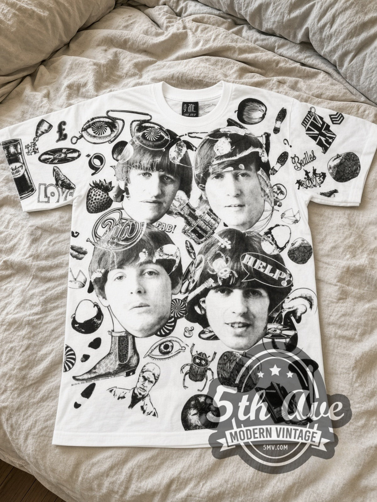 The Beatles Help Collage White all-over-print vintage band tee laid flat