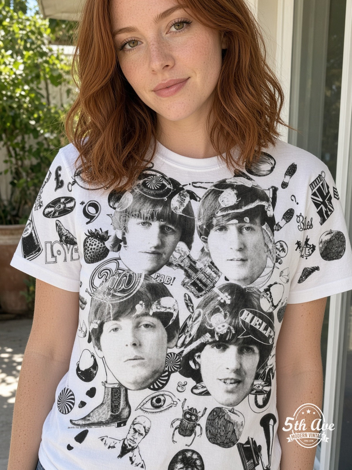 The Beatles Help Collage White all over print vintage tee model wearing
