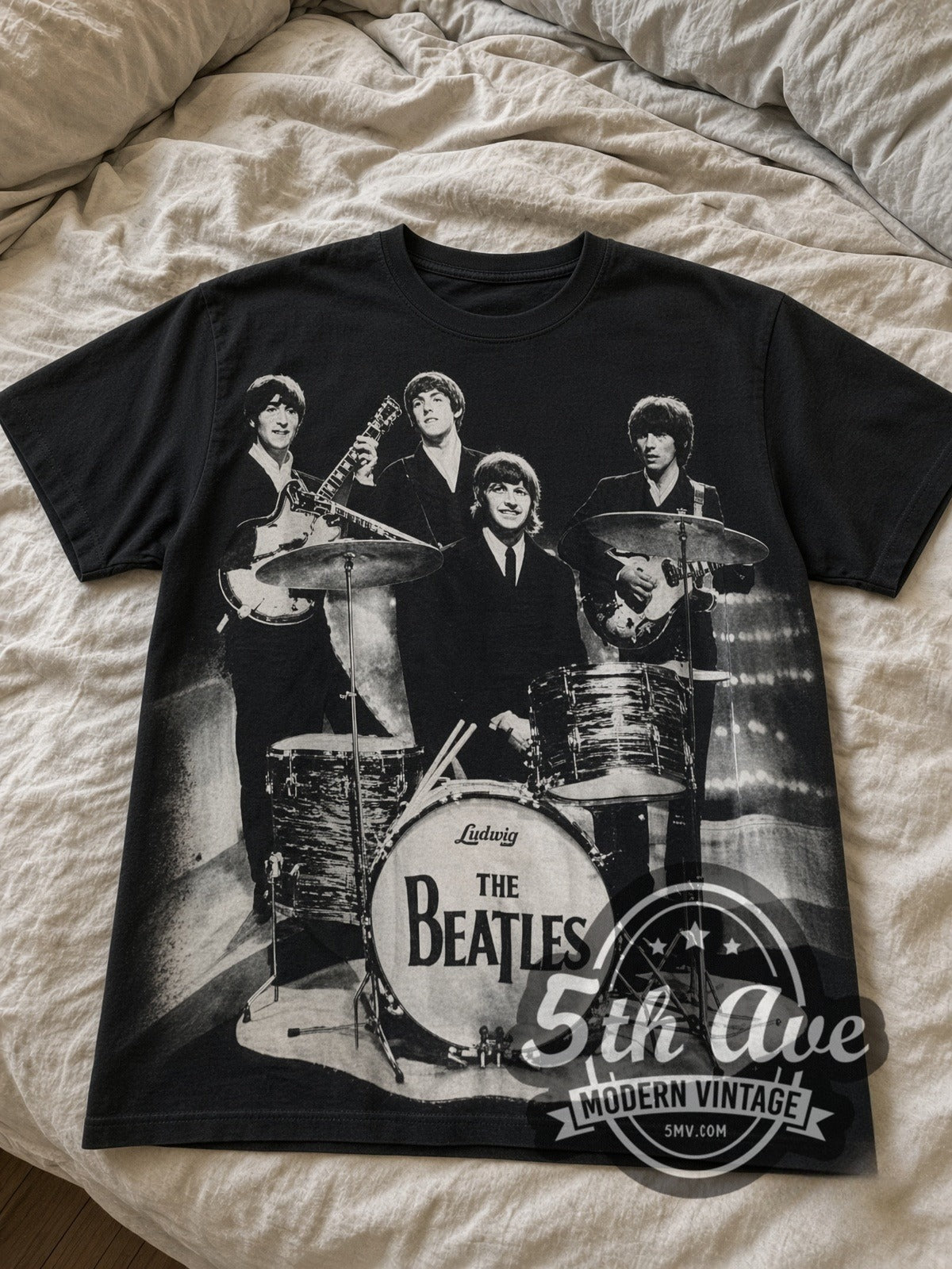 The Beatles Live Abbey Drums all-over-print vintage band tee laid flat
