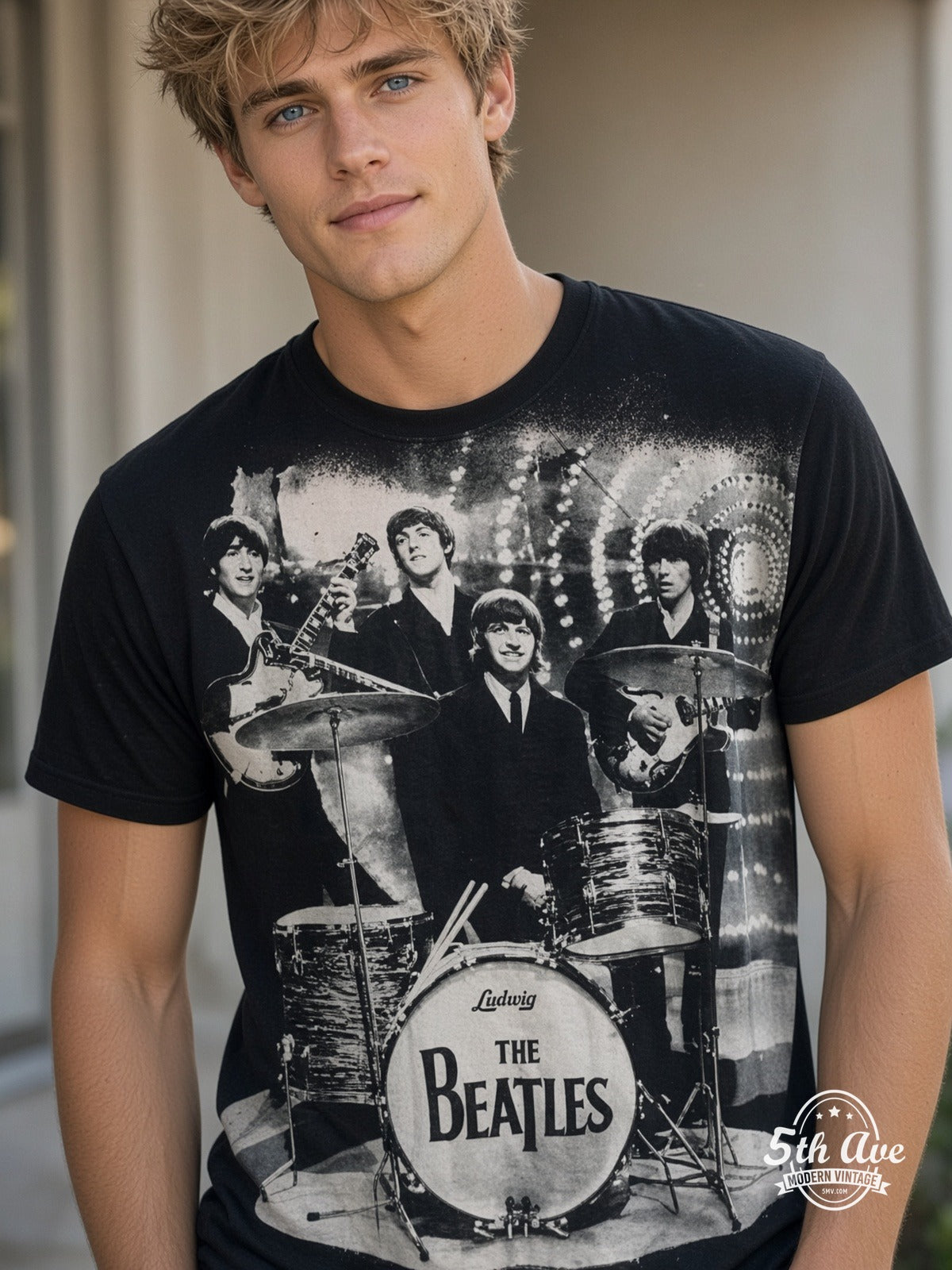 The Beatles Live Abbey Drums all over print vintage tee model wearing