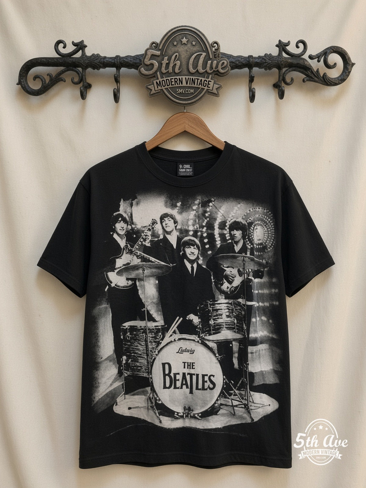 The Beatles Live Abbey Drums all over print vintage band t-shirt front on cream 5th Ave rack