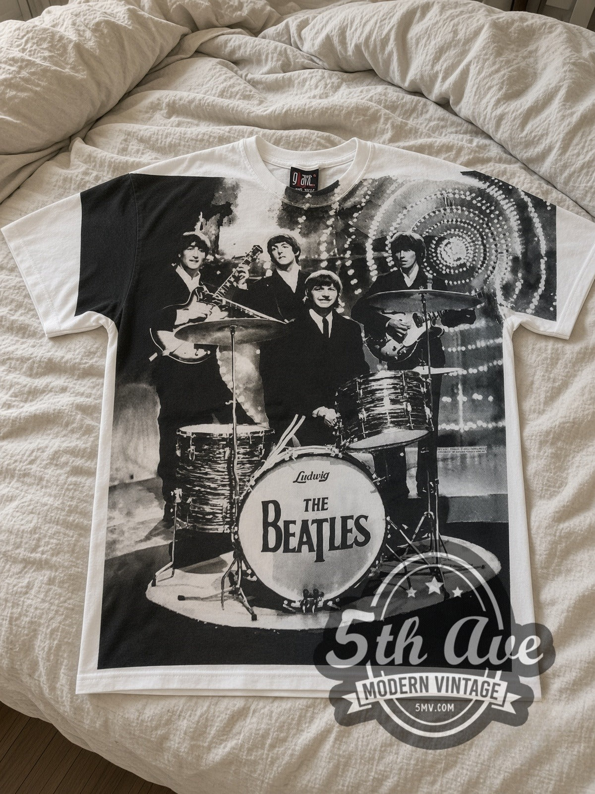 The Beatles Montage Drums all-over-print vintage band tee laid flat