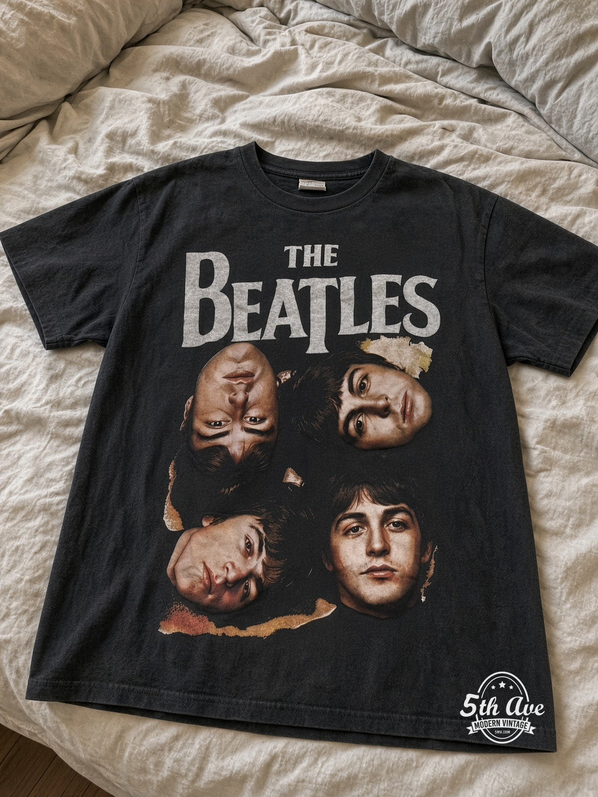 The Beatles Ob-La-Di Ob-La-Da Green Apple Nov 22 1968 vintage tee laid on bed