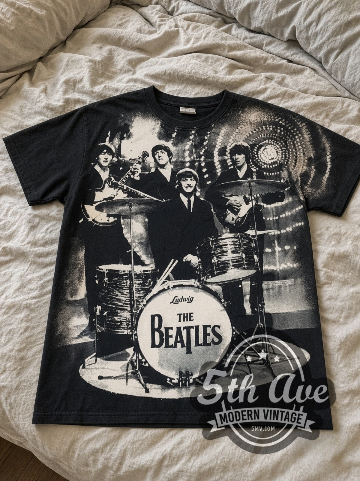 The Beatles Photo Collage Drums all-over-print vintage band tee laid flat