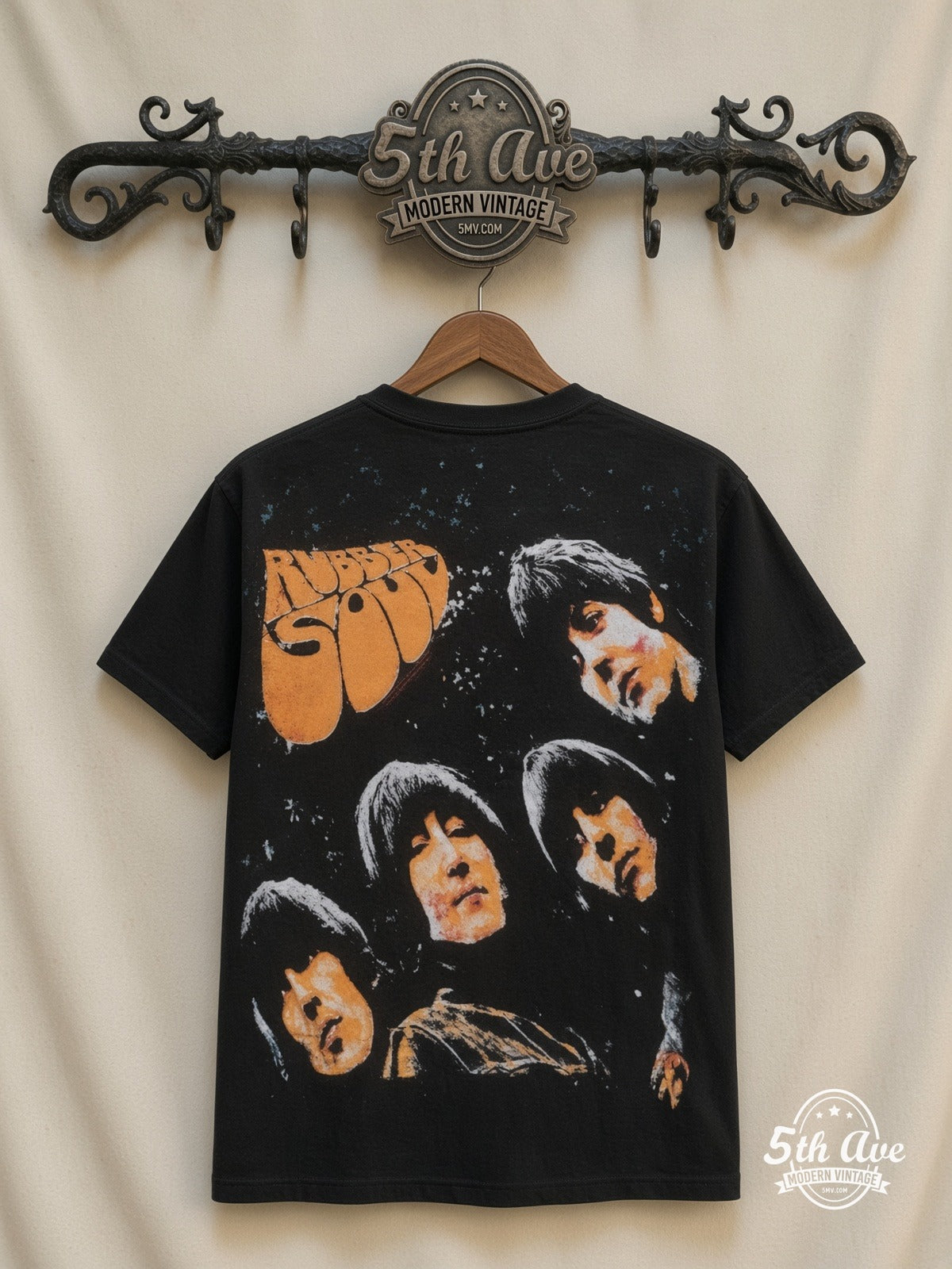 The Beatles Rubber Soul Black all over print vintage tee back on cream 5th Ave rack
