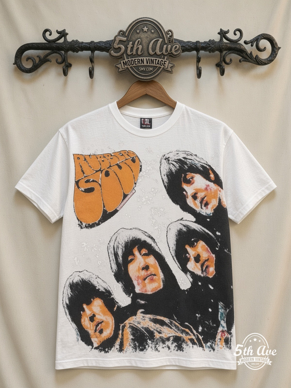The Beatles Rubber Soul all over print vintage band t-shirt front on cream 5th Ave rack