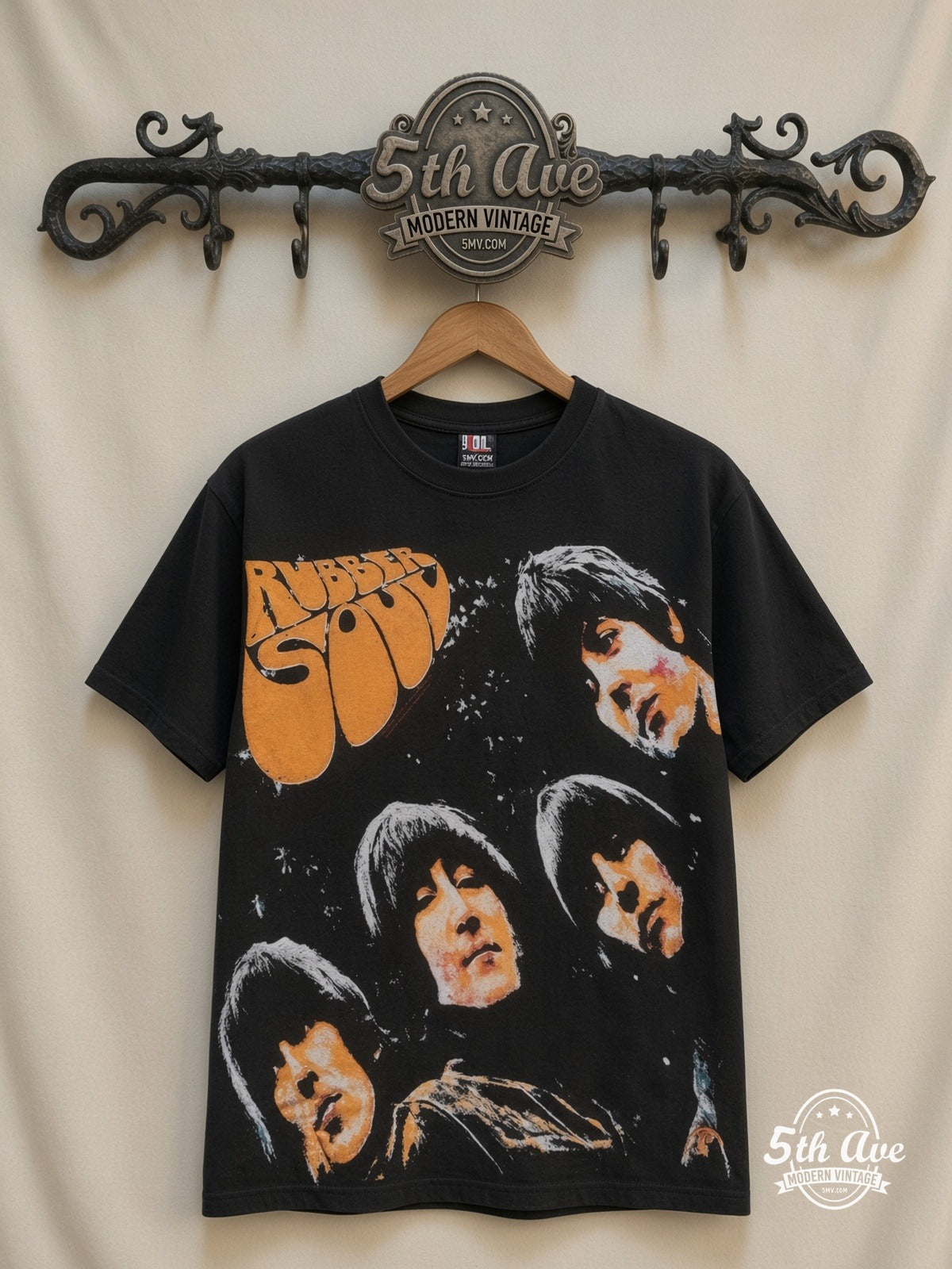 The Beatles Rubber Soul Black all over print vintage band t-shirt front on cream 5th Ave rack