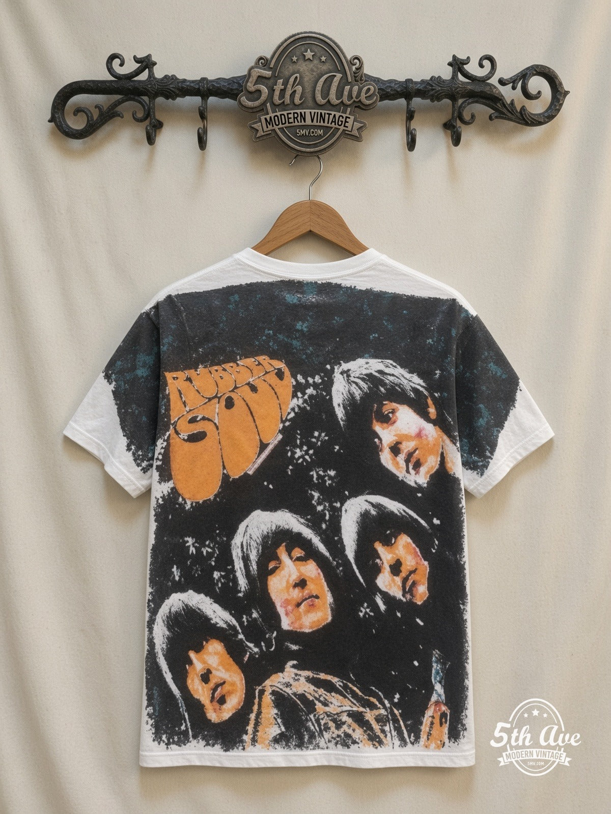 The Beatles Rubber Soul all over print vintage tee back on cream 5th Ave rack