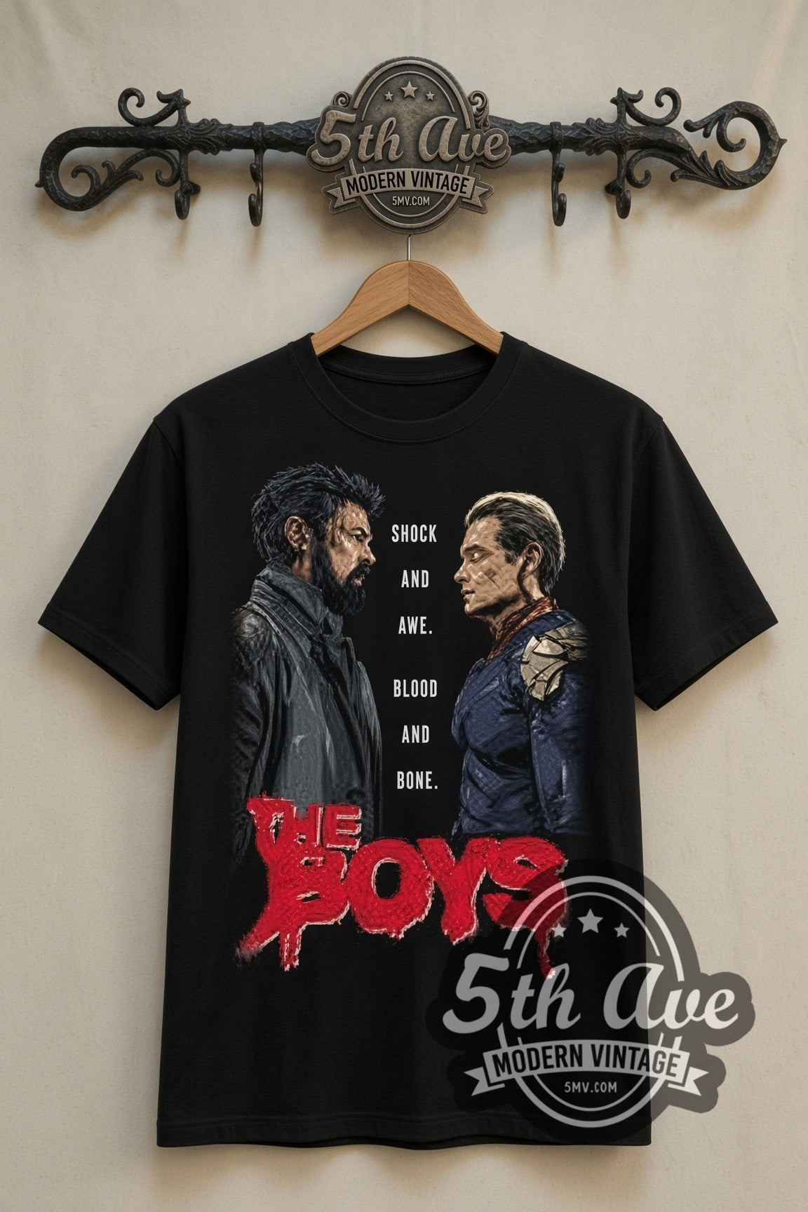 The Boys Butcher vs Homelander double stitched black tee front on dark iron 5th Ave rack