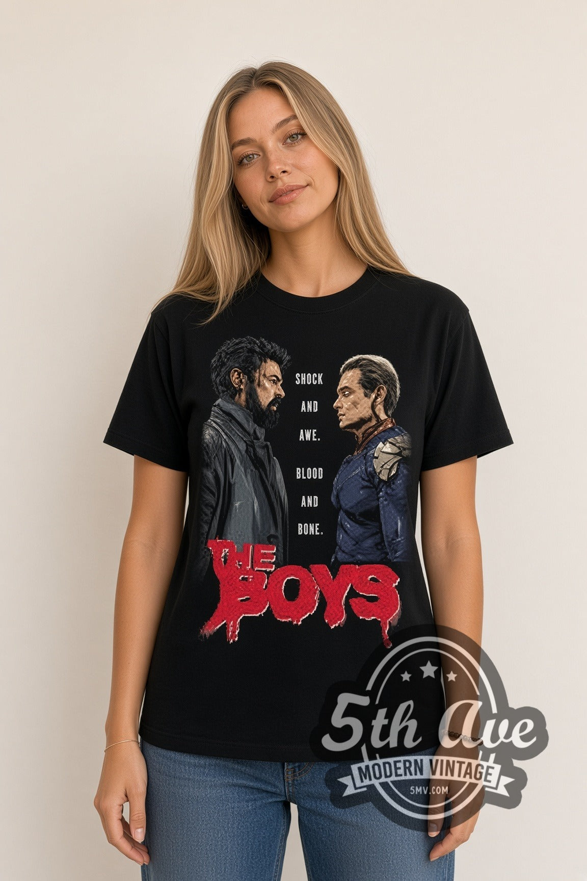 Woman wearing The Boys Butcher vs Homelander double stitched black graphic tee