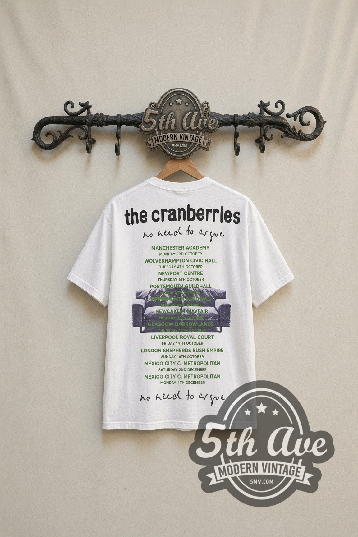 Back print of The Cranberries tour date list tee on the 5MV rack