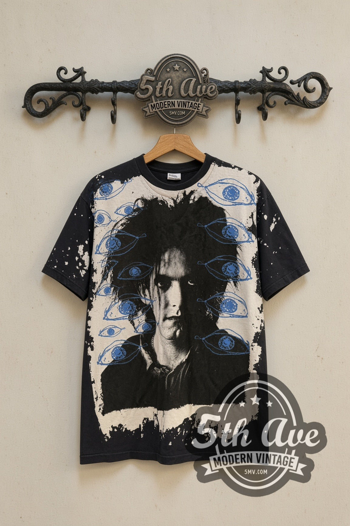 The Cure Robert Smith blue eyes AOP tee front on the 5MV rack