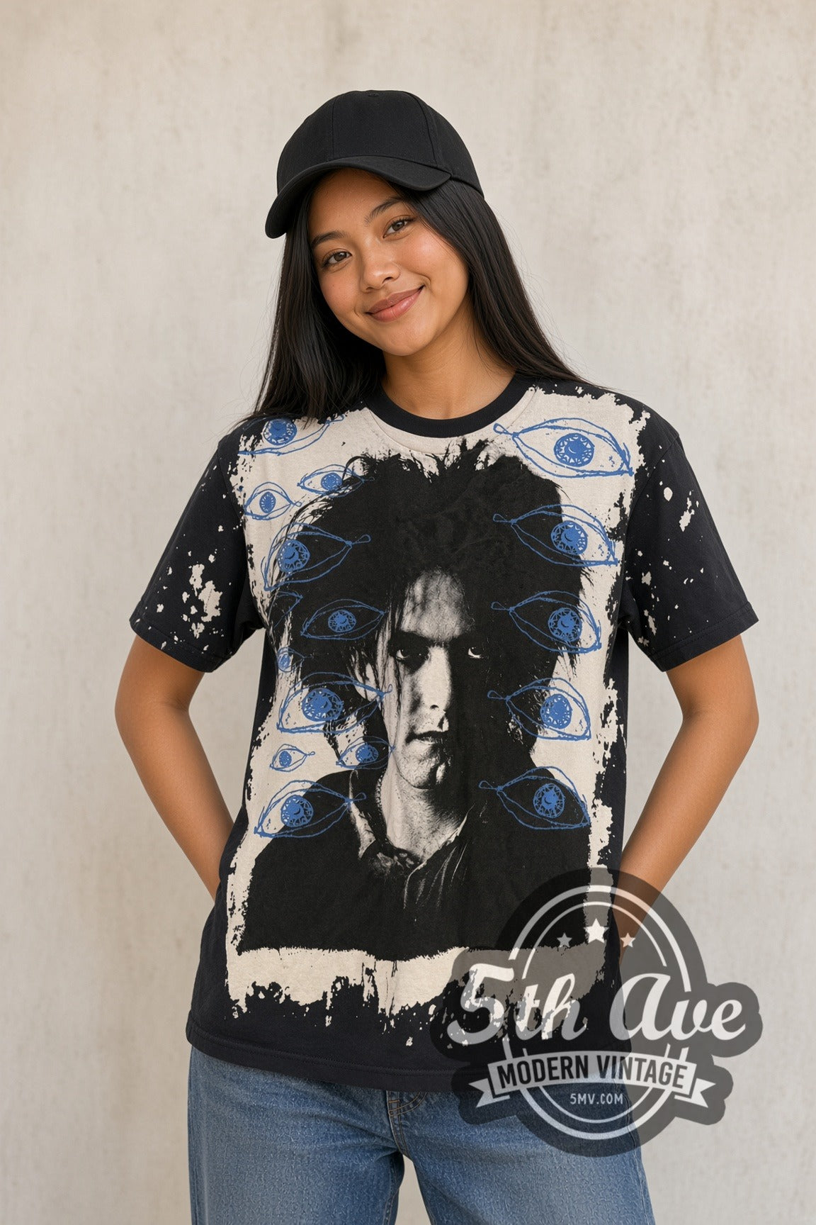 Man wearing black The Cure vintage all over print band t-shirt