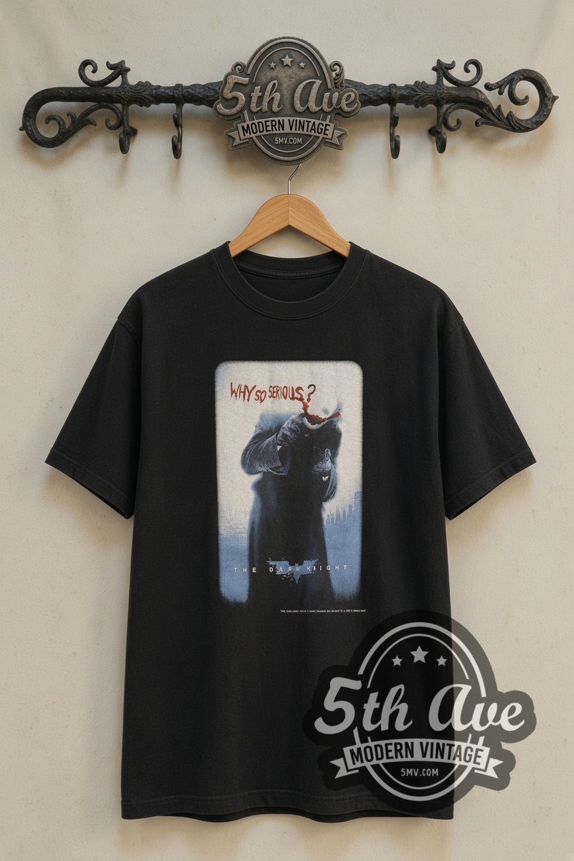 The Dark Knight Joker Why So Serious movie tee front on cream 5th Ave rack