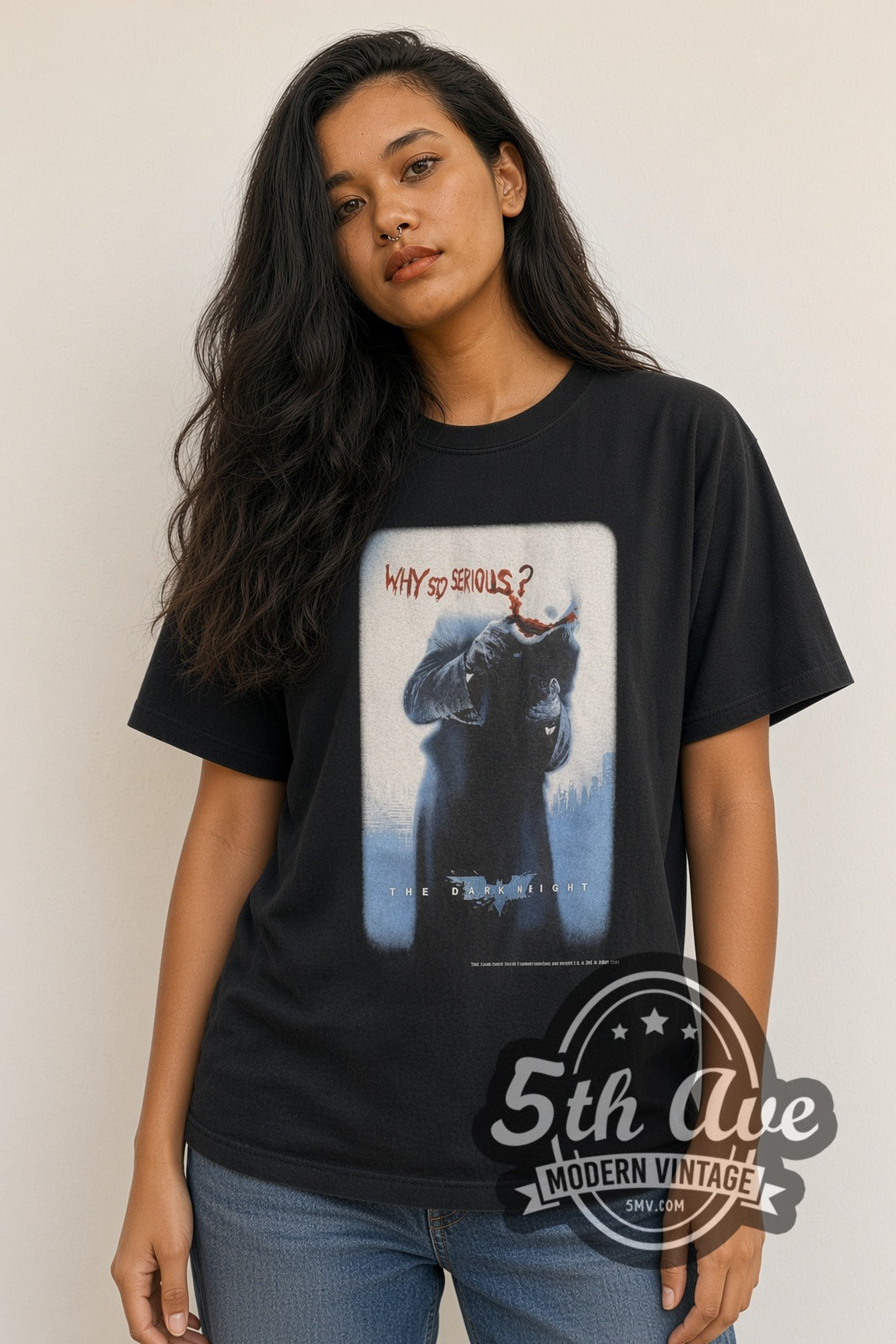 Woman wearing The Dark Knight Joker Why So Serious vintage movie tee