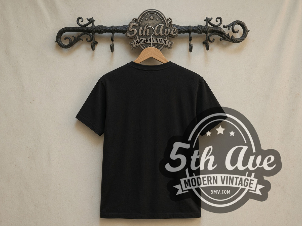 Plain black back of The Lord of the Rings Sauron double stitched tee on rack