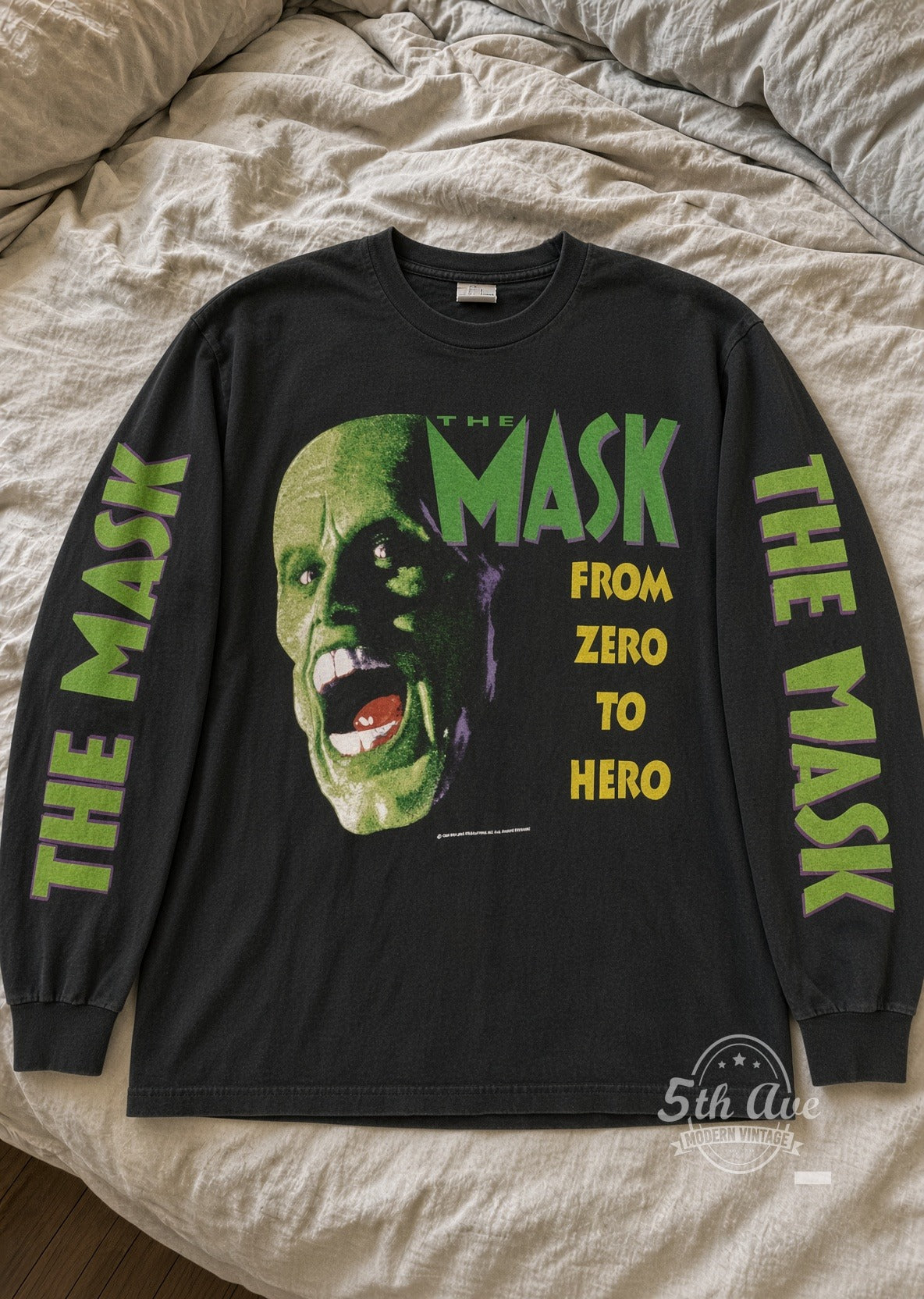 The Mask From Zero to Hero Long Sleeve vintage movie tee laid flat on bed