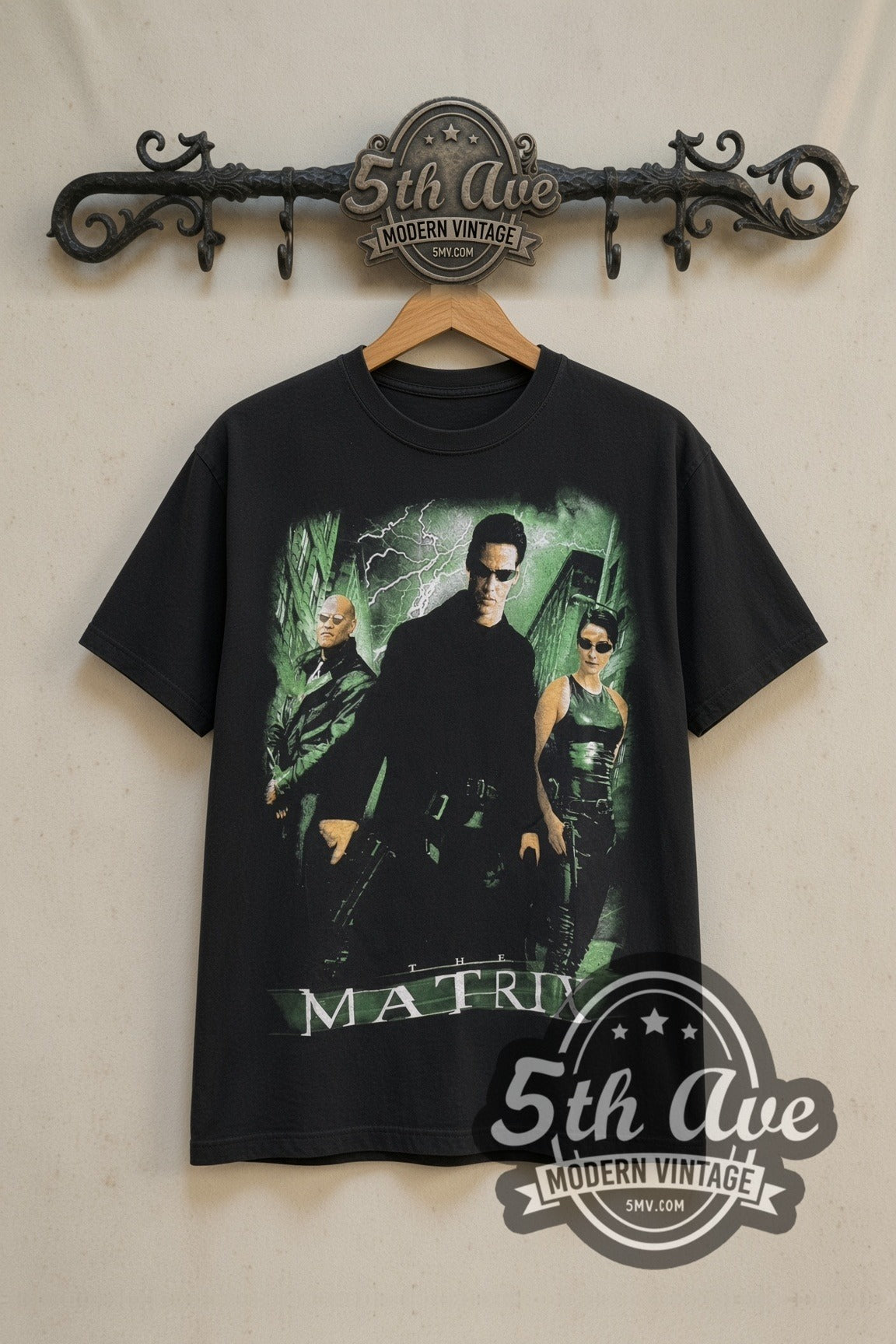 The Matrix Neo Morpheus Trinity and Red Blue Pill movie tee front on the 5MV rack